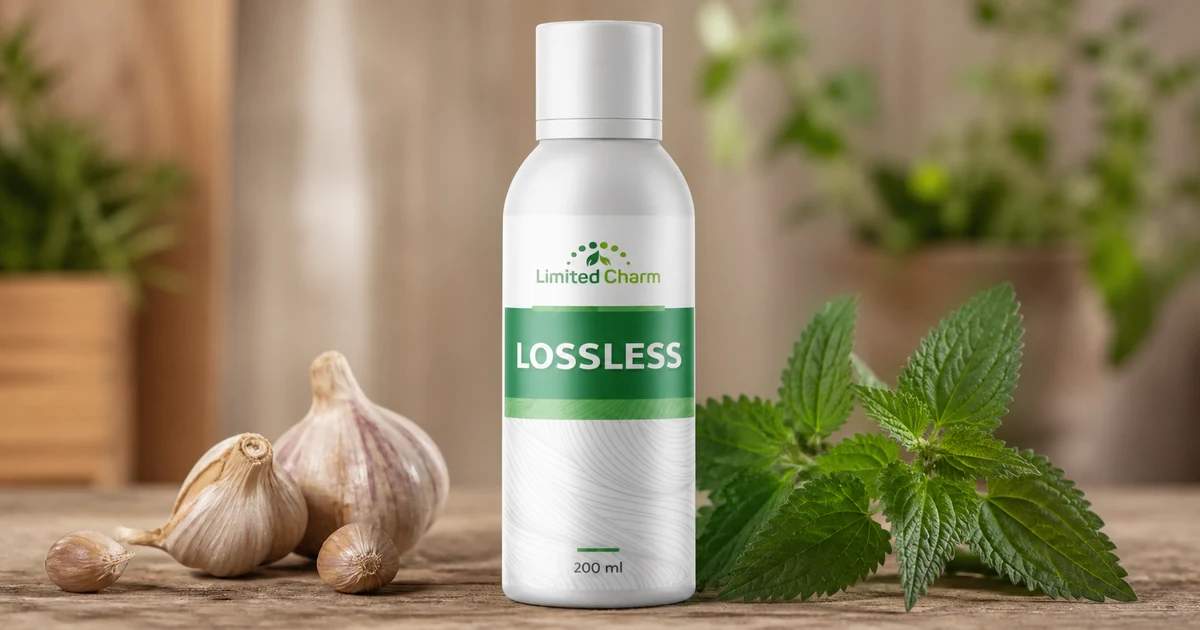Lossless šampon pored svežeg belog luka i lista koprive na drvenoj podlozi
