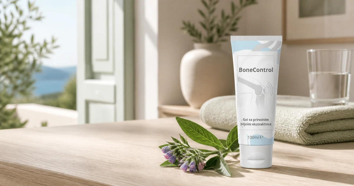 Гел за зглобови BoneControl на светла дрвена површина, покрај гранче гавез и мала памучна крпа