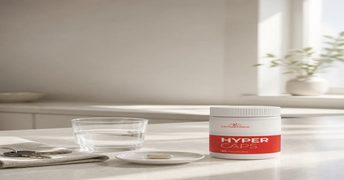 ** Опаковката на Hyper Caps до чаша вода и една таблетка върху светъл кухненски плот сутрин