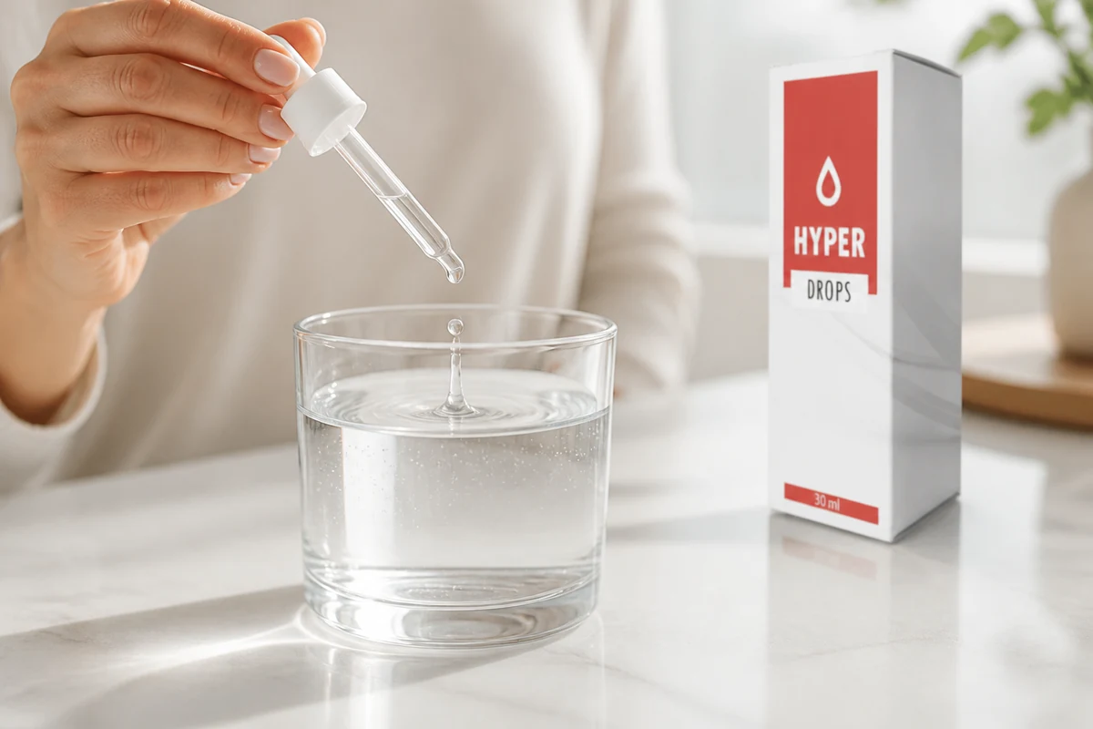 Odbrojavanje Hyper Drops kapi u čašu vode, bočica na stolu pored čaše