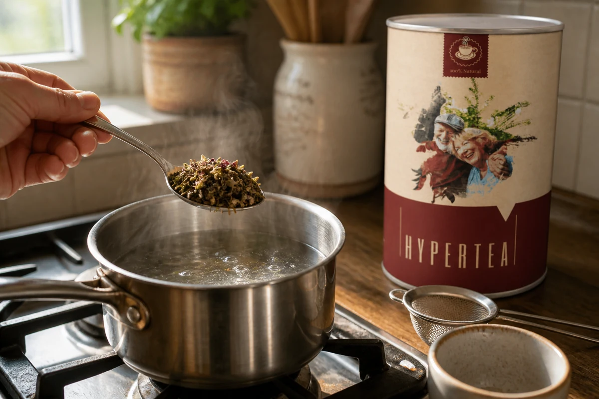 Priprema Hyper Tea čaja — merenje kašike mešavine i ceđenje u šolju