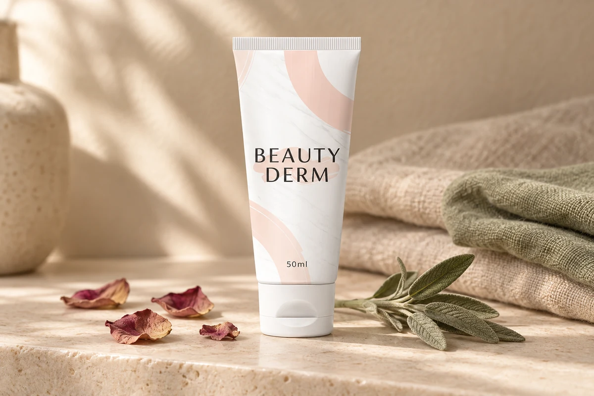 Beauty Derm krema za negu lica na svetloj polici u kupatilu, pored suvih ružinih latica