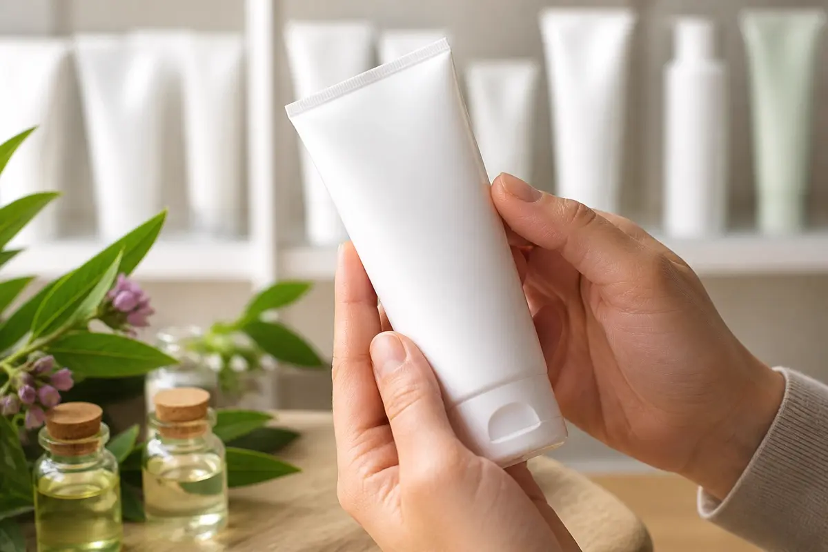 Osoba pažljivo čita deklaraciju i listu sastojaka na pakovanju gela
