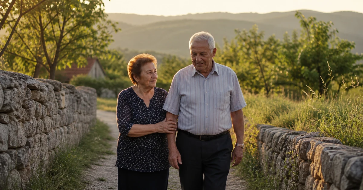 Stariji bračni par šeta stazom kroz bosansko selo u jutarnjem svjetlu