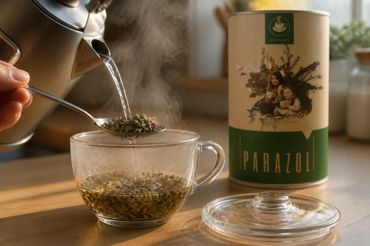 Prelivanje kašike Parazol mešavine vrelom vodom i poklapanje posude