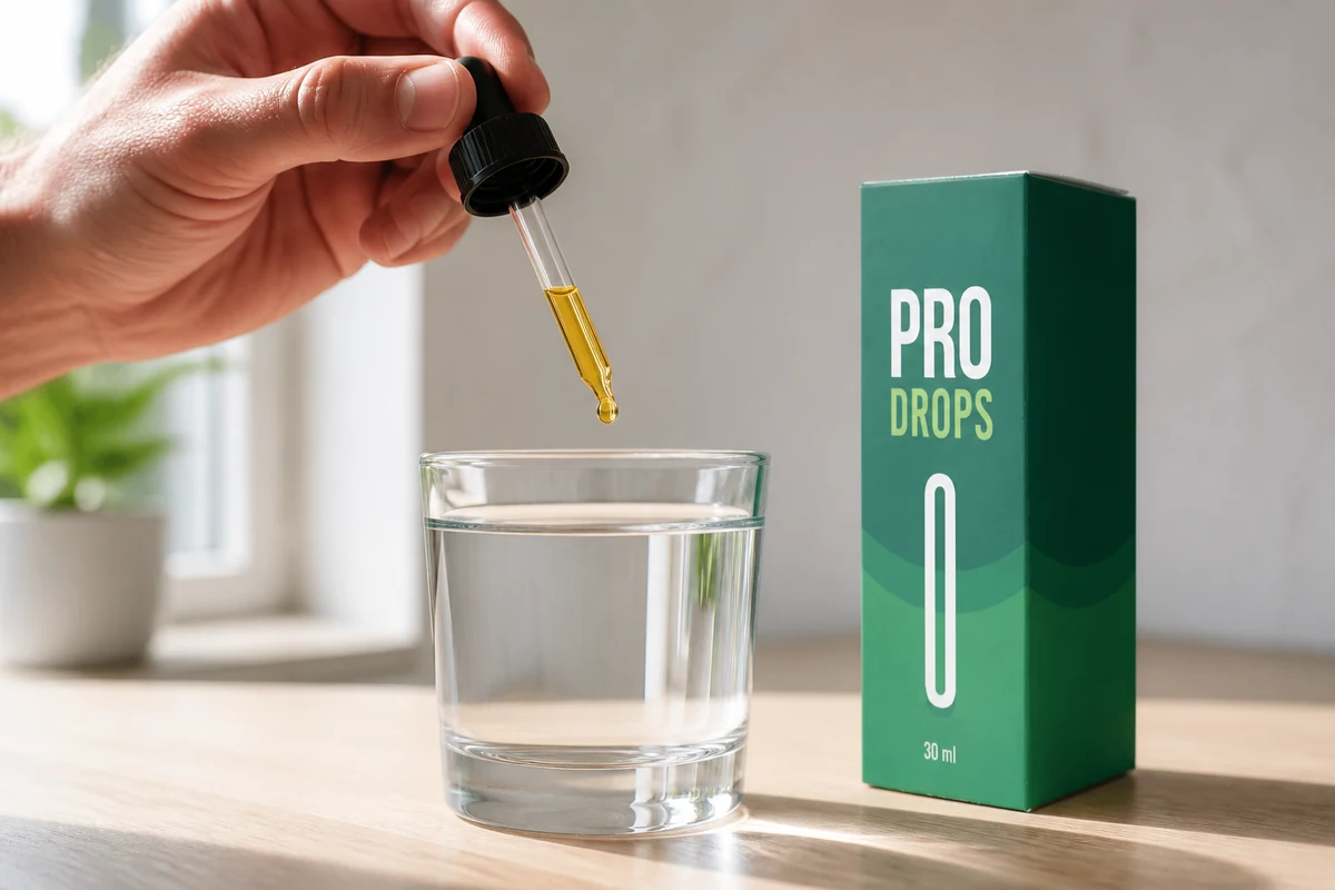 Odmjeravanje Pro Drops kapi u čašu vode na kuhinjskom stolu, bočica pored čaše