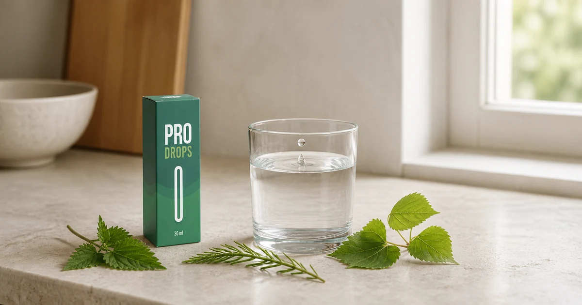 Doziranje Pro Drops kapi — pakovanje biljnih kapi i čaša vode od 200 ml u koju se odbrojava doza