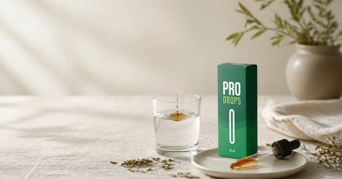 ** Pro Drops капки – шишенцето с билковите капки до чаша вода и пипета на светла маса