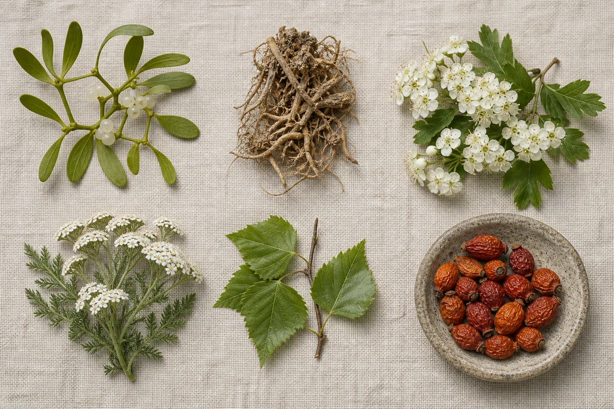 Ботанически flat lay с листа от имел, корен от валериана, цвят от глог, бял равнец, брезов лист и плодове от шипка